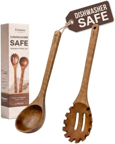 Koppen Dishwasher Safe Acacia Wood Soup Spoon & Pasta Spoon Set, 2 Pcs Non Toxic Wooden Kitchen Utensils for Nonstick Cookware, Wood Soup Ladle and Pasta Server, Heat Resistant, Smooth Grip by KOPPENLIVING