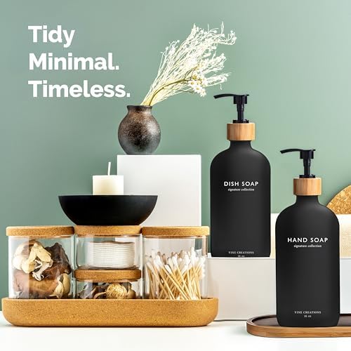 Vine Creations Black Glass Soap Dispenser Set, Hand Soap and Dish Soap Dispenser Set with Bamboo Tray, 16 oz Glass Dispensers Bottle for Kitchen and Bathroom Decor Modern Boho with Bamboo Pump (Black) - Image 4