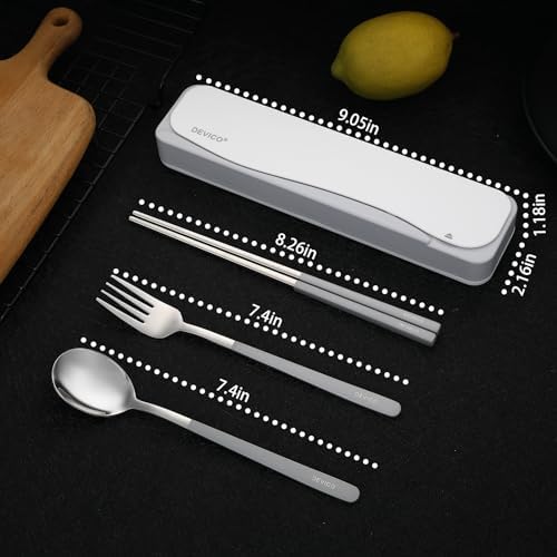 DEVICO Travel Utensils with Case, 4Pcs Portable Silverware Set for Work, 18/8 Stainless Steel Reusable Cutlery, Korean Spoon and Chopsticks Fork for Camping, School, Lunch Box Accessories (Grey) - Image 3