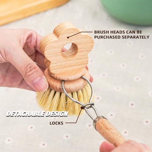 Kitchen Natural Beechwood Dish Brush with Handle Sisal Bristle Fruit Vegetable Scrubber Small Wooden Brush Designed for Cleaning Pot, Pan, Plate, Bowl and Utensil (Handle, Flower Shaped) - Image 4