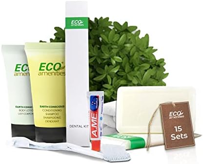 ECO Amenities 60 Pcs, 4-Piece Travel Size Toiletries Kit, Includes Small Bar Soap, 2 in 1 Hotel Shampoo and Conditioner Supplies for Guests, Body Lotion, Travel Toothbrush Set with Toothpaste, 15 Kits by ECOamenities