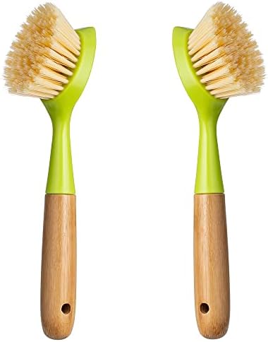 2 Pack Kitchen Dish Brush Bamboo Handle Dish Scrubber Built-in Scraper by Songtaste