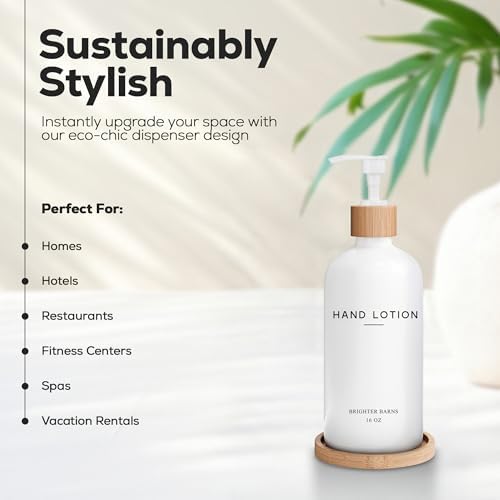 White Glass Lotion Dispenser with Pump Bathroom Set by Brighter Barns - Hand Lotion Dispenser with Tray - Modern Bathroom Decor - Boho Bedroom Decor for Housewarming Gift, Airbnb, Hotel (White) - Image 2