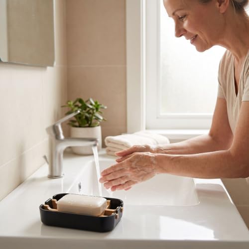 Bamboo Fiber Soap Holder and Soap Dish Combination, Removable Drainage Rack Bar Soap Tray for Bathroom Sink Deck, Bathtub, Shower & Kitchen (Black, 1 Pack) - Image 2