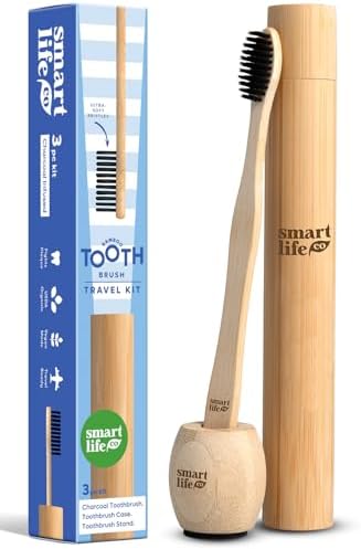 Bamboo Charcoal Toothbrush With Travel Case & Holder Kit - Extra Soft Natural Bristles For Sensitive Teeth | Eco Friendly Portable Wooden Travel Set | Single Wood Toothbrushes Stand & Cover by SmartLifeco