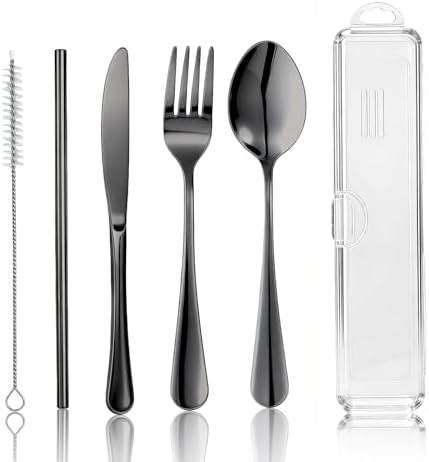 Travel Camping Utensils with Case, 6 Pcs Reusable Stainless Steel Silverware Cutlery Set, Spoon, Fork, Knife + Straw/Brush Kit for Camping, Travel, Office, Lunch Box, Eco On-the-Go (black) by Unknown