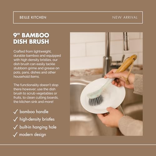 Beille 1pc Dish Brush with 9 Inch Bamboo Handle Household Essentials Cleaning Supplies - Image 4