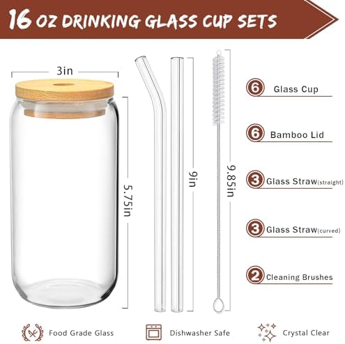 16 Oz Drinking Glasses - 8 Pcs Glass Cups with Bamboo Lids and Straws - Image 2