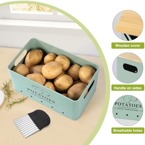 Kitchen Vegetable Storage Set of 3, Metal Onion Garlic Potato Storage Set, Kitchen Canisters Vegetable Keeper Containers with Aerating Holes and Bamboo Lid,Sage Green - Image 3
