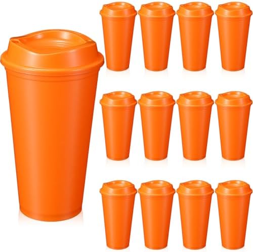 12 Pcs 16 Oz Reusable Coffee Cups with Lids - Plastic Travel Hot Cups Bulk Coffee Tumblers for DIY Hot Cold Drinks Party Favors Coworker (Orange) by Unknown