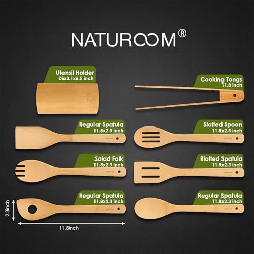 Naturoom Kitchen Utensils Set of 8 PCS, 12Inches Bamboo Wooden Cooking Spoon & Spatula Tools Perfect for Non-Stick Cookware (Bamboo 12inches) - Image 2