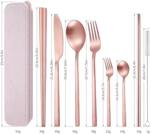AARainbow 8 Pieces Stainless Steel Flatware Set Portable Reusable Cutlery Set Travel Utensils Set Including Chopsticks Knife Fork Spoon Straws Cleaning Brush Dishwasher Safe (B-Rose Golden) - Image 2