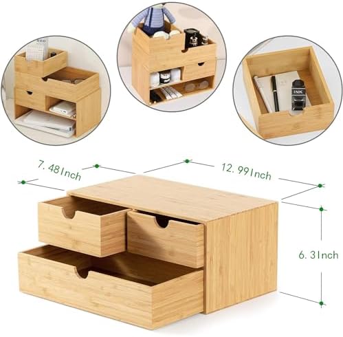 Bamboo Desk Organizer with Drawers, 3-Drawer Desktop Storage Box - Image 3