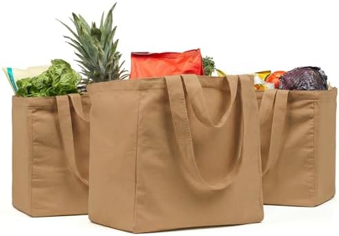 VeraMia Canvas Grocery Bag 3pc XL Set with Real Pockets, Long Shoulder Strap and Short Handle. Heavy Duty, Foldable, Washable by VeraMia