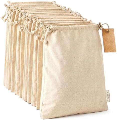 LEAFICO Organic Cotton Produce Bags - Medium 8x10 Inch (12 Bags) - Reusable Muslin Storage Bags with Drawstrings - Biodegradable Canvas Fabric - Perfect for Snacks, Clothes by Leafico
