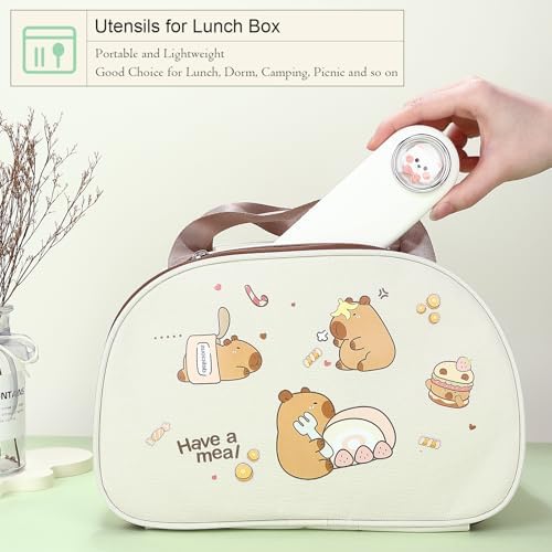 DEVICO Travel Utensils with Case Cute, Reusable Silverware for Lunch, 4Pcs Portable Cutlery Set, 18/8 Stainless Steel Fork Spoon Chopsticks in Cartoon Case, Dishwasher Safe (White) - Image 3