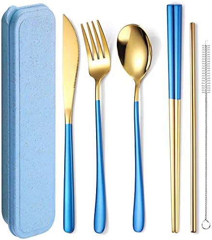 AARAINBOW 6 Pieces 18/8 Stainless Steel Flatware Set Portable Reusable Cutlery Set Travel Utensils Set Including Chopsticks Knife Fork Spoon Straws Cleaning Brush Dishwasher Safe (Blue golden) by AARAINBOW