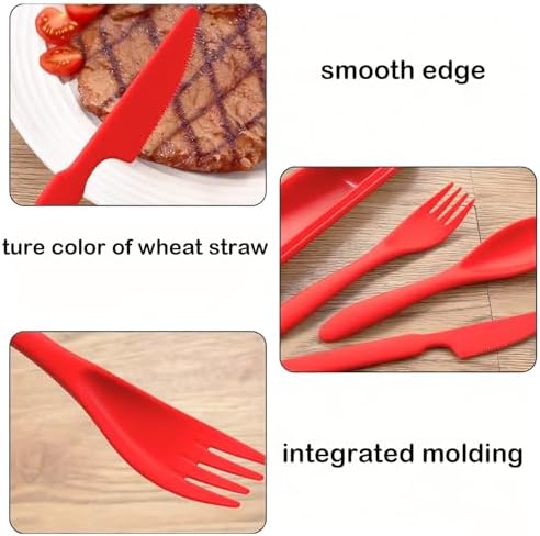 Wheat Straw Portable Spoon and Fork Set, Plastic Work School Cutlery (Red) - Image 3