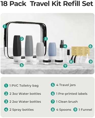 BAGSMART 18 Pack TSA Approved Travel Bottles for Toiletries, Leak Proof Silicone Travel Size Containers Bottles for Shampoo, Earth Tone - Image 2