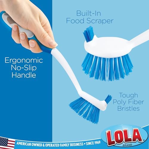 Dish Brush Scrubber for Kitchen, 2 Pack, by LOLA, Has Stiff Bristles & Food Scraper, Comfort No-Slip Grip Handle, Safe for Non-Stick & Coated Cookware - Image 2