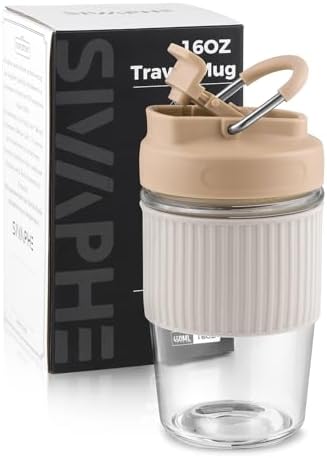 Sivaphe Reusable Glass Ice Hot Coffee Cup 16 oz, Portable Travel Mug with Spill-Proof Lid and Thermal Sleeve for Home Office Blue by Sivaphe
