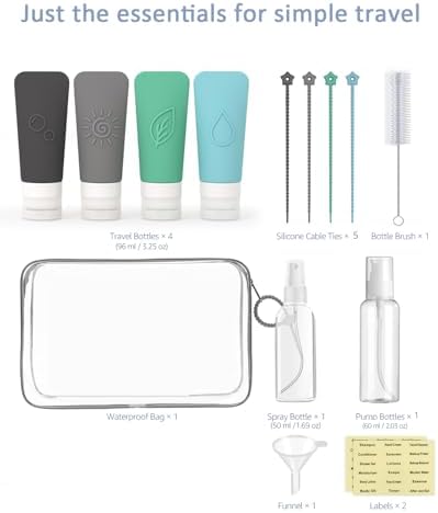 16-Piece Silicone Travel Bottles Set – TSA Approved Leakproof Toiletry Kit with Flat Easy-Squeeze Bottles, Pump & Spray, Waterproof Bag - Image 2