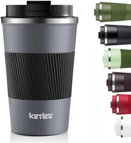 KETIEE Travel Coffee Mug Spill Proof 12oz, Insulated Reusable Coffee Cups with Seal Lid, Vacuum Stainless Steel Travel Mug to Go Car Tumbler for Hot/Iced Drinks (Grey) by KETIEE