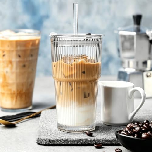 TUZAZO 20 Oz Ribbed Glass Coffee Tumblers with Lids and Straws, 4 Pack - Image 3