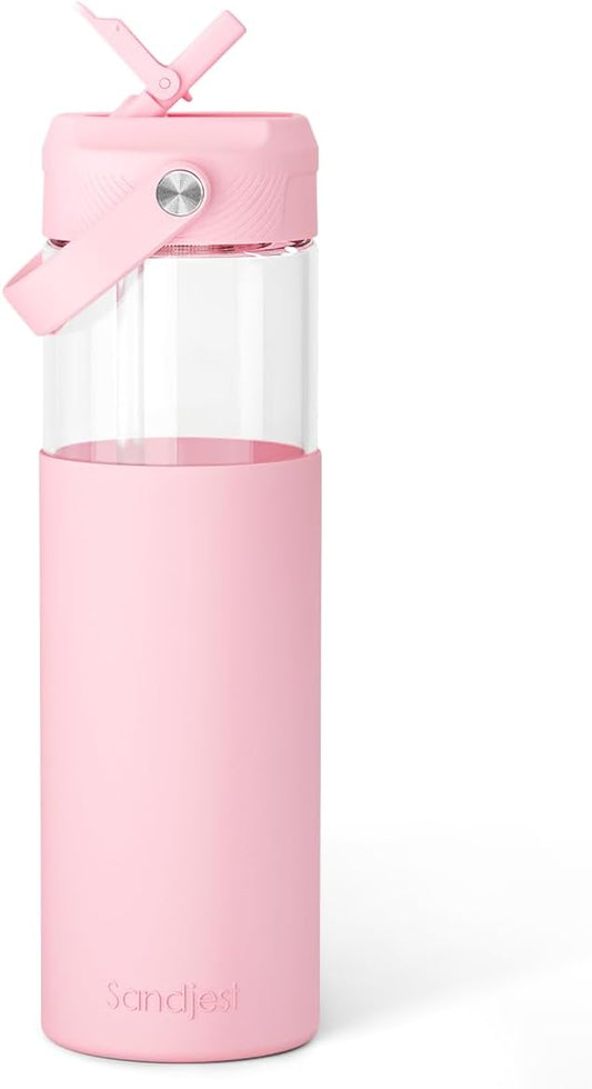 Glass Water Bottle with Silicone Sleeve and Straw Lid 20oz for Girls Women, Glass Drinking Bottles for Travel Home Gym Sports (Rose Cloud)