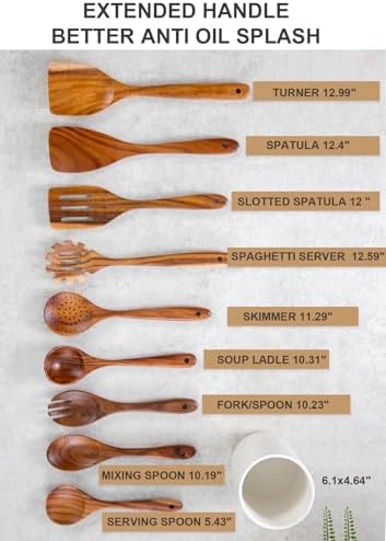 Wooden Cooking Utensils Set with Ceramic Holder,Teak Wood Utensils 10pcs - Image 2