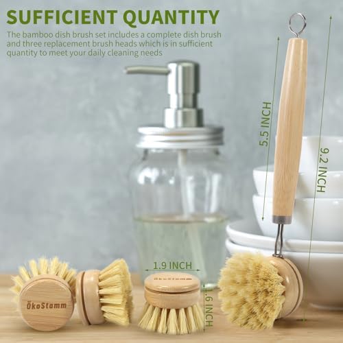 Long Handle Bamboo Dish Brush Set with 4 Replacement Brush Head - Image 2
