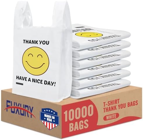 Fuxury 10000 (10K) Count - Thank You Plastic Bags White Smile for Small Business (11.5" x 6.5" x 21"), T-shirt, Grocery, Take Out, To Go, Retail Shopping Bags in Bulk by Fuxury
