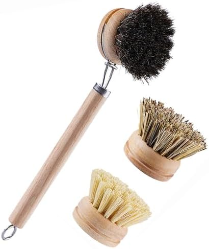 Bamboo Dish Brush with Handle, 1 Sturdy Wooden Handle with 3 Natural Bristle Heads, Horsehair, Sisal, Palm - All Purpose Kitchen Scrubber, Bamboo Wok Brush, Fruit and Veggie Scrubber by Unknown