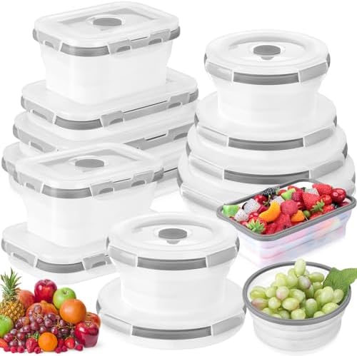 Dandat 12 Silicone Collapsible Food Storage Containers Foldable Silicone Lunch Container 6 Rectangle and 6 Round Airtight Collapsible Bowl with Lid Set for Kitchen Microwave (Translucence Gray) by Dandat