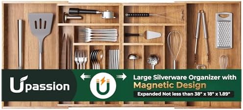 Large Silverware Organizer, 13 Slots Magnetic Connected Expandable Acacia Wood Utensil Drawer Organizer From 21 to 37.4 Inches, Adjustable Flatware and Cutlery Holder, Utensil Tray for Kitchen Natural by Upassion