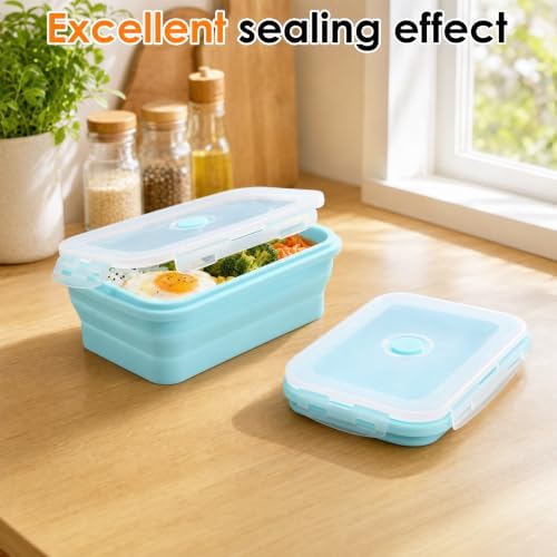 4Pcs Collapsible Silicone Food Container with Lid Heat Resistant Foldable Food Storage Containers Microwave Dishwasher and Freezer Safe 350/500/800/1200 ml for Kitchen Picnic Travel(Sky Blue) - Image 3