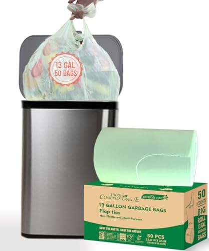 BEIDOU-PAC 13 Gallon Flap Tie Compostable Trash Bags, 50 Count, Compost Bags Tall Kitchen Trash Bags, Sturdy Garbage Bags Food Scrap Waste Bags, ASTM D6400, US BPI Certified, Green by BEIDOU-PAC