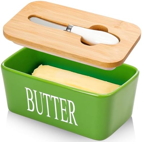 Ceramic Butter Dish with Lid and Knife & Silicone Seal for Countertop Green by AISBUGUR