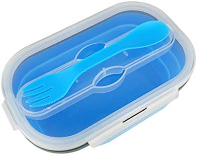 CARTINTS 800ml Collapsible Bento Lunch Box, Silicone Food Storage Container, with Leakproof Lids and Spoon, Microwave Freezer Safe, Blue - Image 3