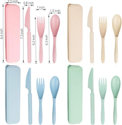 Reusable Travel Cutlery Set with Case, 4-Pack Wheat Straw Portable Knife Fork Spoon Set, BPA-Free Eco-Friendly Utensils for Kids & Adults, Picnic & Camping (Green, Beige, Pink, Blue) - Image 2