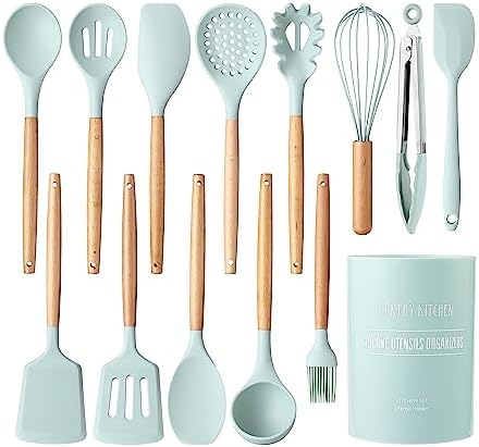 Country Kitchen Non Stick Silicone Utensil Set with Rounded Wood Handles for Cooking and Baking, 14 Piece Set, Mint by CountryKitchen
