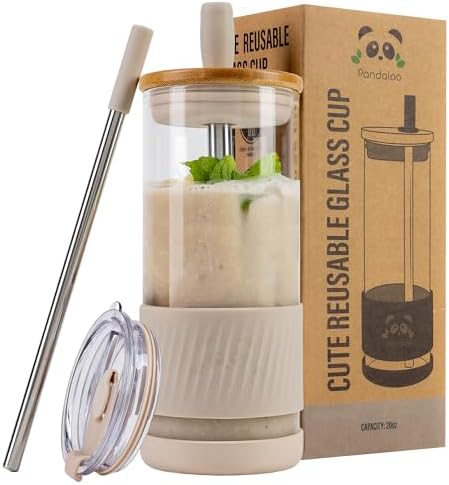 Pandaloo® Glass Cups With Lids and Straws -20 Fl Oz- Perfect Size Iced Coffee Cup - Smoothie Cup With Bamboo Lid and On the go Lid (Creamy Mushroom, 1 Count (Pack of 1) by Pandaloo