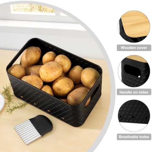 Kitchen Vegetable Storage Set of 3, Metal Onion Garlic Potato Storage Set, Kitchen Canisters Vegetable Keeper Containers with Aerating Holes and Bamboo Lid,Embossed Black - Image 3