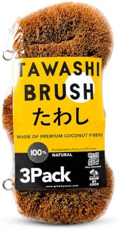 Pack of 3 Tawashi Vegetable Scrub Brush, 100% Natural Coconut Coir Fiber,Fruit Scrub,Eco Friendly Sponge Alternative,Japanese Kamenoko Design,Dish Scrubber for Cast Iron & Kitchen Cleaning by GrowByCoco