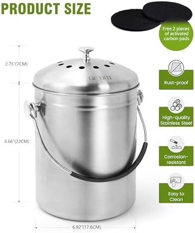 Countertop Compost Bin Kitchen Stainless Steel 1.3 Gallon - Image 2