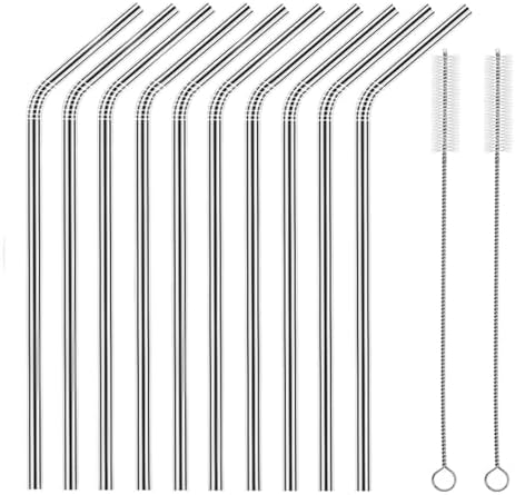 Set of 10 Stainless Steel Straws, HuaQi Bent Reusable Drinking Straws 10.5'' Long 0.24‘’ Dia for 30 oz Tumbler and 20 oz Tumbler, 2 Cleaning Brush Included (10 Bent Staw + 2 Brushes） by HuaQi