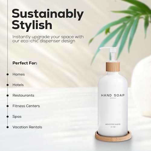 White Glass Hand Soap Dispenser Bathroom Set by Brighter Barns - Liquid Hand Soap Dispenser for Kitchen Sink - Boho Bathroom Pump Bottle Set - Minimalist Home Decor for Vacation Rental, Gifts (White) - Image 2