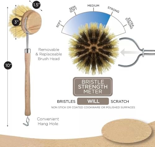 Wooden Dish Brush Set with 3 Replaceable Brush Heads,Natural Sisal Fibers Bristle Scrubber for Kitchen Cleaning,Ideal for Pots,Dishes,Pans,Vegetables and Sink,Durable and Eco-Friendly - Image 3