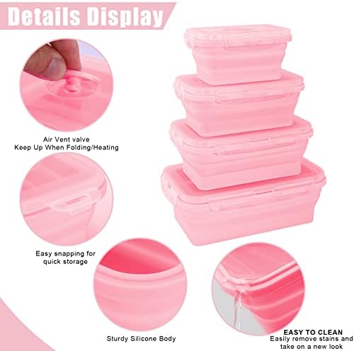 4PCS Silicone Food Storage Containers With Lids, Square Pink - Image 3