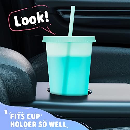 Meoky Plastic Color Changing Cups - 24 Pack 24 oz, Reusable with Lids and Straws for Adults, Kids, Parties, Cute Cold Cups for Iced Coffee - Image 5